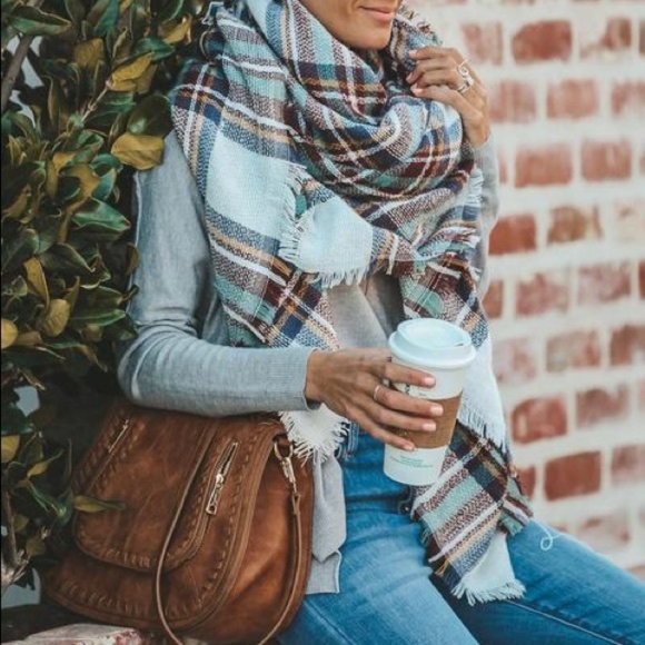 Brown Mint Tartan Plaid Blanket Scarf - Picture 2 of 3